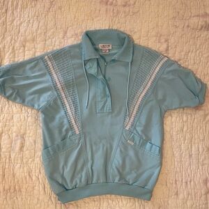 Vintage 80’s Lavon Aqua Pullover Track Suit Knit Top, 1/2 zip w/ buttons Sz M